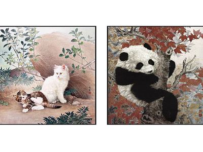 New Chinese Animal Painting Elegant Cat Panda Plant Pattern Hanging Picture Combination model