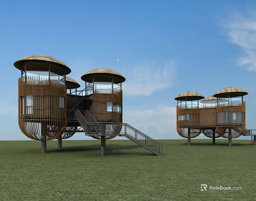 Modern Wooden Roadside Facilities With Dome Shaped Roofs Staircases And Green Grassland Under Blue Sky 3d model 