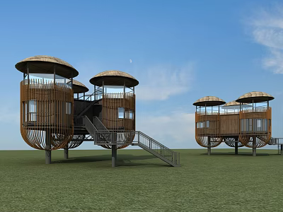 Modern Wooden Roadside Facilities With Dome Shaped Roofs Staircases And Green Grassland Under Blue Sky 3d model