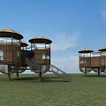 Modern Wooden Roadside Facilities With Dome Shaped Roofs Staircases And Green Grassland Under Blue Sky