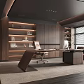 Modern Study Room Interior With Wooden Bookshelves Desk Office Chair And Sofa