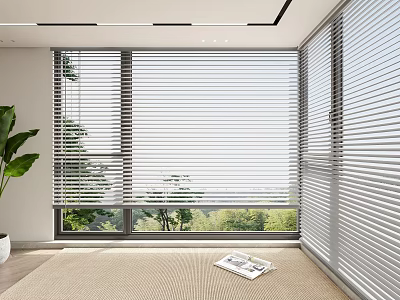 White Window Blinds in Modern Living Room with Natural Light and Green Outdoor View 3d model
