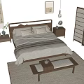 Natural Style Double Bed with Wooden Nightstand Shoji Screen and Bench on Rug