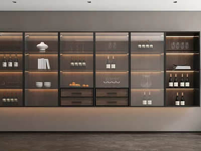 Modern Wine Cabinet With Glass Doors Featuring Wine Bottles Glassware White Dishes And Books 3d model