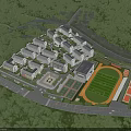Modern School Buildings On University Campus With Football Field And Green Trees