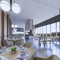 Modern Bright Restaurant Interior With Wooden Tables Comfortable Chairs Hanging Lights And Large Windows