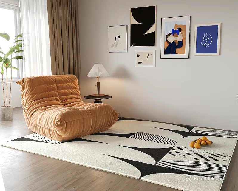 Cozy Orange Velvet Bean Bag Chair In Living Room With Patterned Rug And Wall Art 3d model 