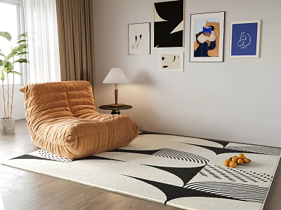 Cozy Orange Velvet Bean Bag Chair In Living Room With Patterned Rug And Wall Art 3d model