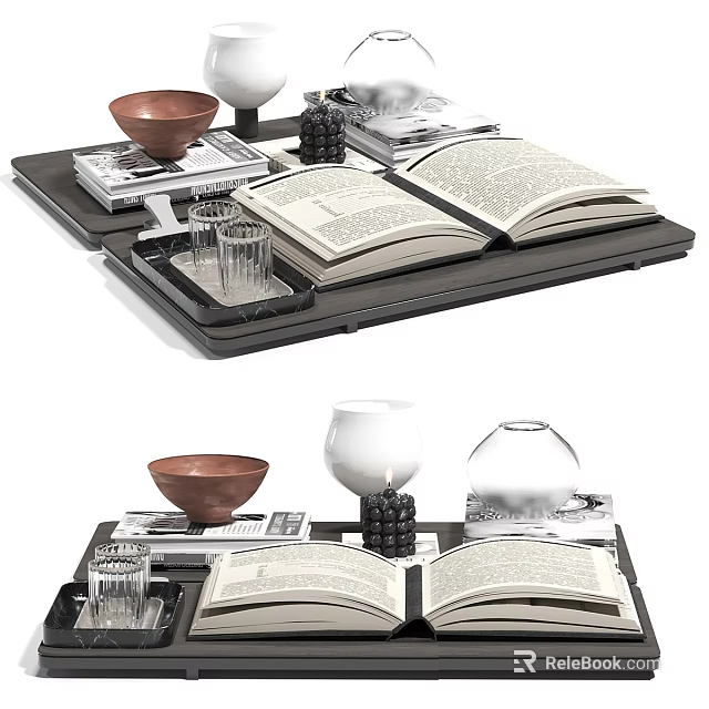 Elegant Decorative Ornament Set With Open Book Wooden Bowl Glassware And Tray 3d model 
