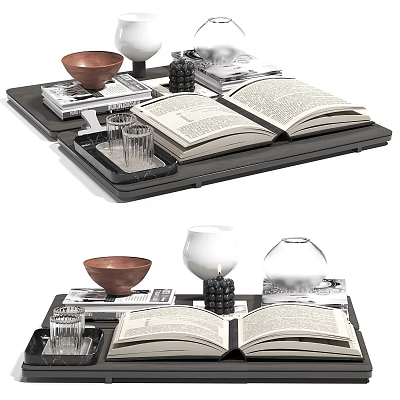 Elegant Decorative Ornament Set With Open Book Wooden Bowl Glassware And Tray 3d model