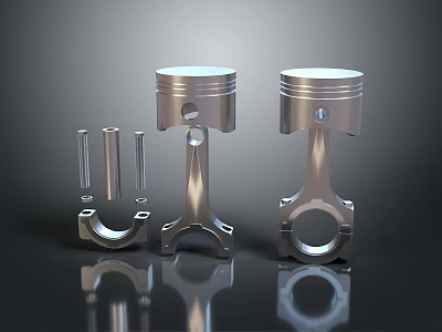 Metallic Engine Pistons And Connecting Rods Displayed On Reflective Surface 3d model