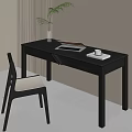 Minimalist Modern Black Desk with Laptop White Cup Green Plant and Chair
