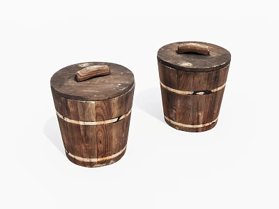 Two Vintage Wooden Buckets With Carved Handles And Natural Wood Grain 3d model