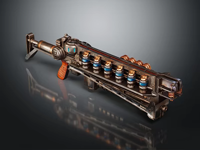 Steampunk Mechanical Gun With Cylindrical Chambers Wooden Grip And Metallic Structure 3d model
