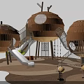 Wooden Kids Playground Treehouse Shaped Structures With Slides Climbing Nets And Spring Riders