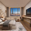 Hotel Guest Room With Twin Beds Upholstered Headboards Wall Decor Flat Screen TV Desk Chair
