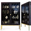 Stylish Display Cabinet With Glass Doors Porcelain Vases Plates And Gold Legs
