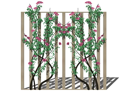 Garden Style Wooden Partition With Twisted Vines Pink Flowers And Green Leaves 3d model