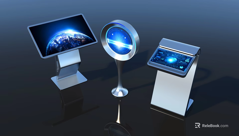 Three Modern Interactive Digital Kiosks With Touchscreen Displays And Earth Interface 3d model