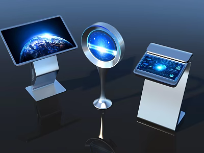 Three Modern Interactive Digital Kiosks With Touchscreen Displays And Earth Interface 3d model