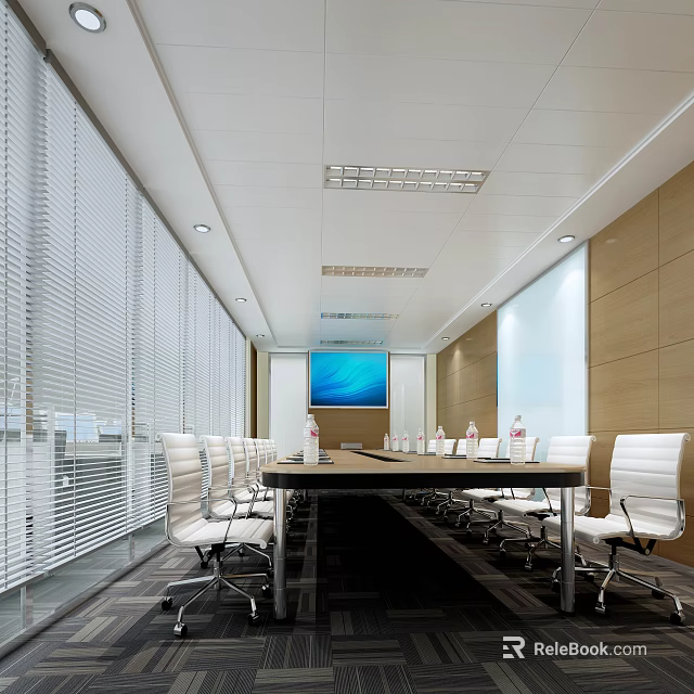 Modern Conference Room Interior With Long Table White Chairs And Large Screen 3d model