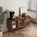 Natural Wooden Sideboard With Glass Doors Coffee Machine Jars And Potted Plant In Bright Room