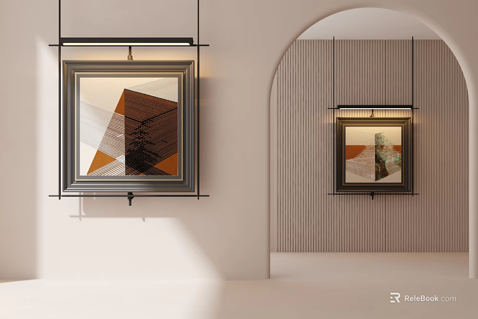 Modern Interior Featuring Framed Abstract Paintings With Geometric Patterns And Warm Lighting 3d model 