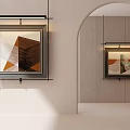 Modern Interior Featuring Framed Abstract Paintings With Geometric Patterns And Warm Lighting 3d model