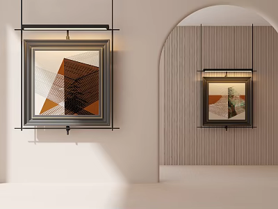 Modern Interior Featuring Framed Abstract Paintings With Geometric Patterns And Warm Lighting 3d model