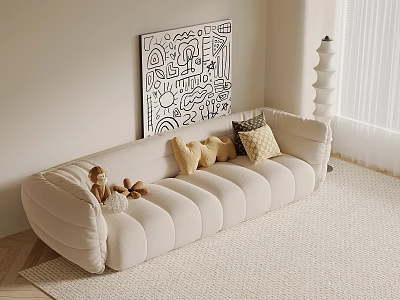 Beige Multi Seater Sofa With Decorative Cushions Stuffed Toy Abstract Painting Floor Lamp And Window 3d model