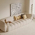 Beige Multi Seater Sofa With Decorative Cushions Stuffed Toy Abstract Painting Floor Lamp And Window