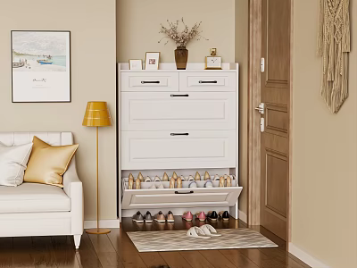 White Shoe Cabinet With Drawers Decorations And Shoes Near Sofa Floor Lamp And Rug 3d model