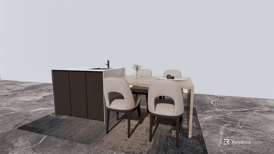 Modern Dining Table Set With Beige Chairs Dark Cabinet And Textured Floor 3d model