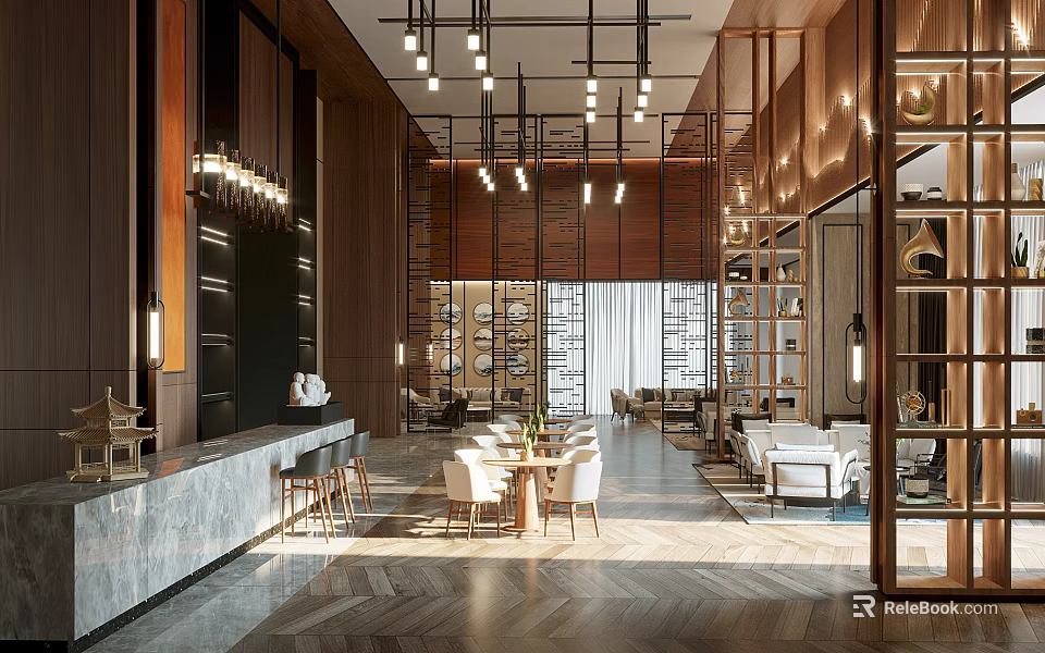 Modern Luxurious Lounge Area Interior With Wooden Shelves Sofa And Pendant Lights 3d model 