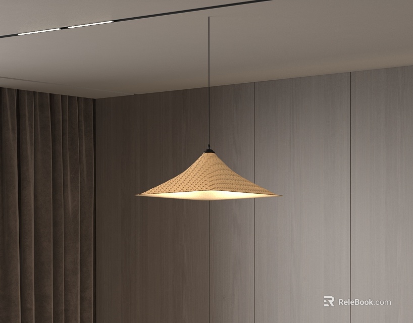 Woven Bamboo Conical Decorative Lamp Hanging In Modern Interior With Wooden Wall And Dark Curtains 3d model 