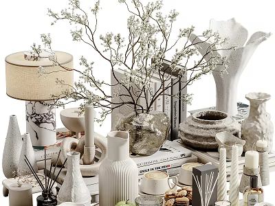 Modern Decorative Ornament Set With Vases Lamp Books Dried Branches And Ceramic Decorations 3d model