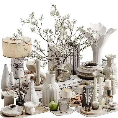Modern Decorative Ornament Set With Vases Lamp Books Dried Branches And Ceramic Decorations 3d model