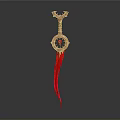 Decorative Golden Weapon With Red Ribbon Dragon Head And Circular Ornament Design