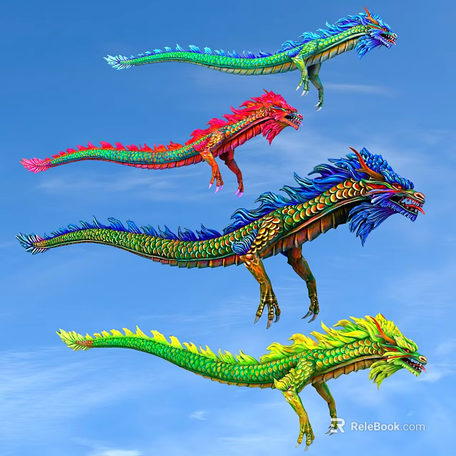Colorful Dragon Kites Flying High in Clear Blue Sky with Vibrant Patterns 3d model 