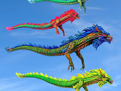 Colorful Dragon Kites Flying High in Clear Blue Sky with Vibrant Patterns 3d model