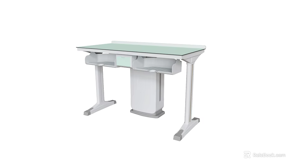 Modern Laboratory Workbench Featuring Green Tabletop Drawers And White Cabinet 3d model