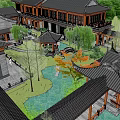 Chinese Traditional Detached Villa With Courtyard Pond And Lush Greenery