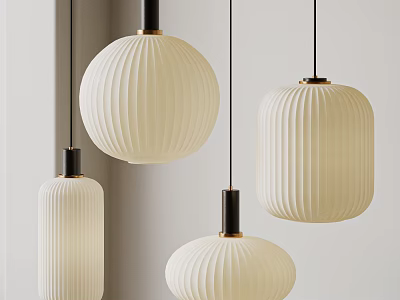 Three Pleated Pendant Lights with White Lampshades and Black Bases Hanging 3d model