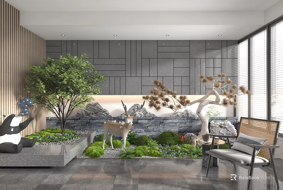 Modern Indoor Landscape With Green Plants Rockery Deer Sculpture And Stone Wall 3d model 