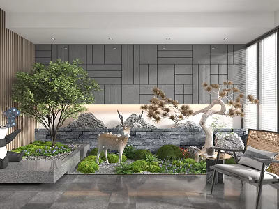 Modern Indoor Landscape With Green Plants Rockery Deer Sculpture And Stone Wall 3d model