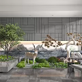 Modern Indoor Landscape With Green Plants Rockery Deer Sculpture And Stone Wall