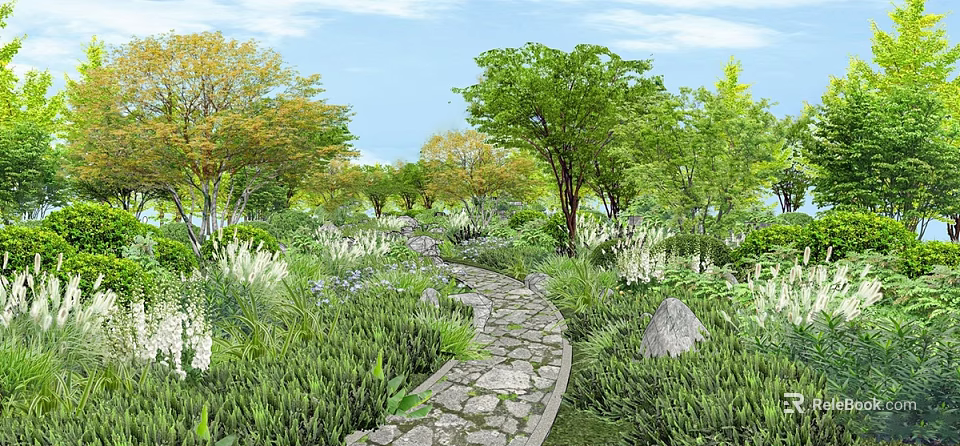 Lush Flowers And Plants Along Stone Path In Garden With Green Grass And Trees 3d model 