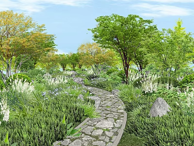 Lush Flowers And Plants Along Stone Path In Garden With Green Grass And Trees 3d model