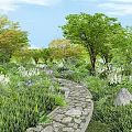 Lush Flowers And Plants Along Stone Path In Garden With Green Grass And Trees