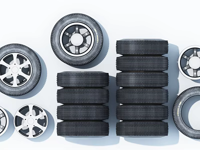 Automotive Tires Stacked With Various Style Wheels And Rims 3d model